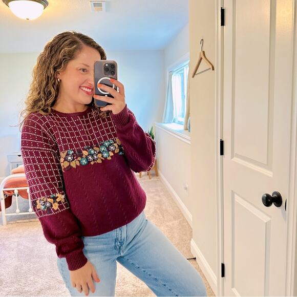 Vintage Sweaters - Vintage Izod Club Maroon Floral Embroidered Cotton Sweater Large